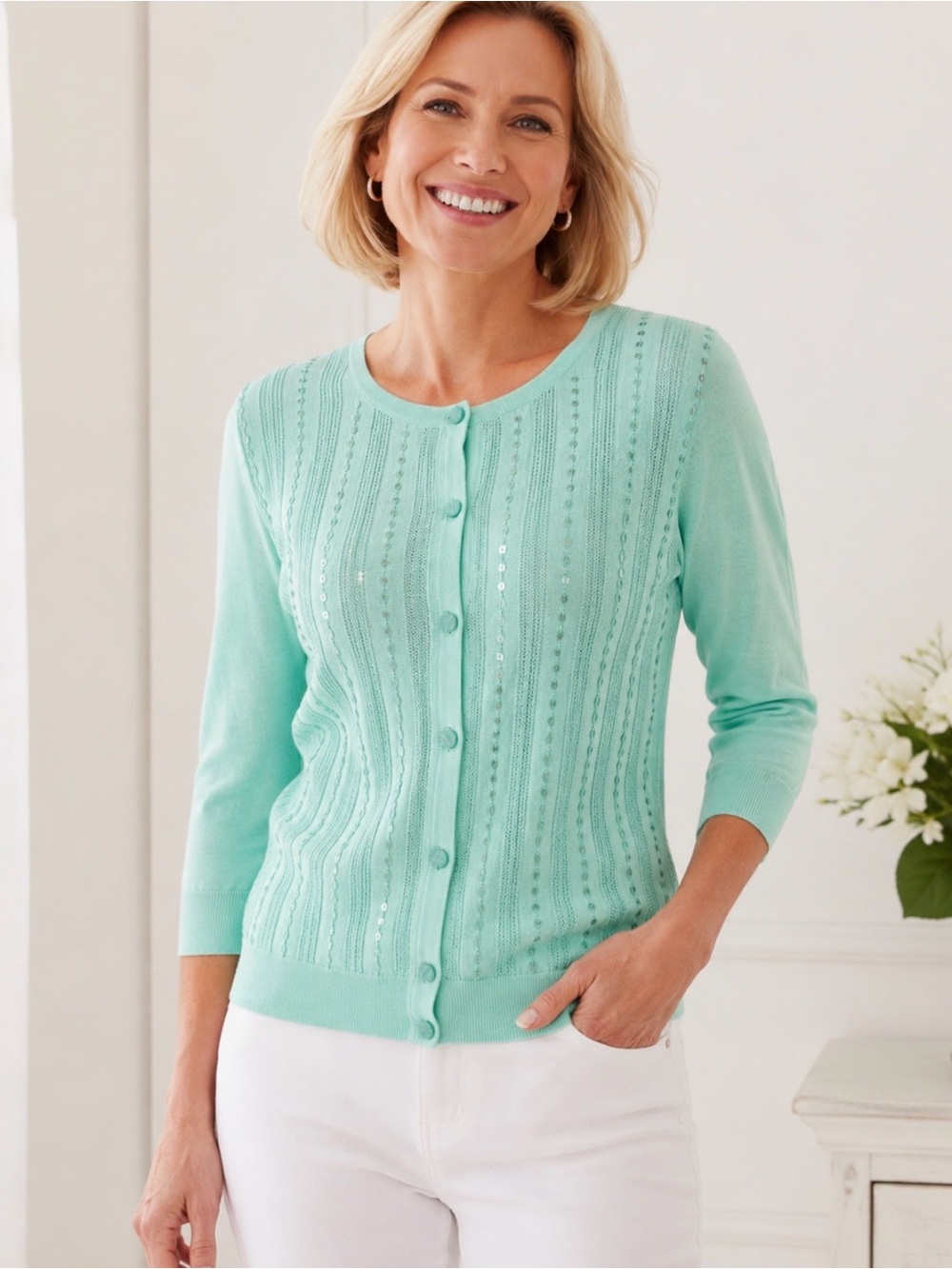 Talbots Cotton Embellished Cardigan Sweater 3/4 Sleeve Button Front Size M